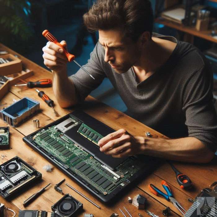 a man performaing a RAM and SDD upgrade of a laptop